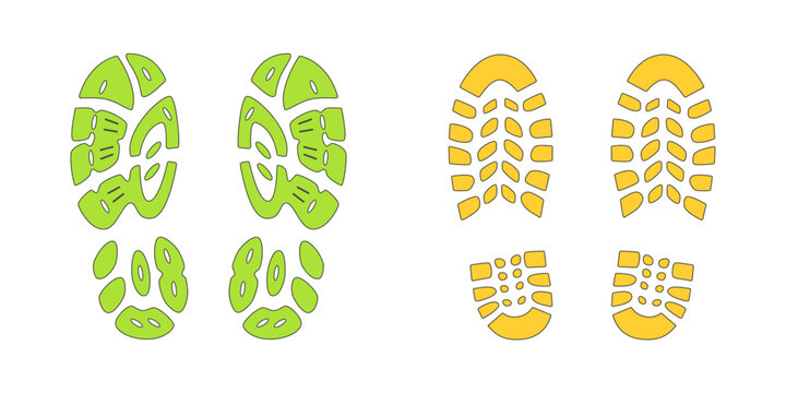 Human step footprints vector isolated set on white background. Foot prints of person in boots. Human feet.