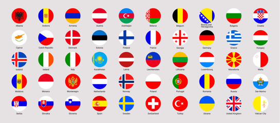 Europe flags vector illustration. European countries rounded national icons. EU official flags set with state name. UK, Germany, France, Italy, Ukraine rounded badges. Isolated circle geometric shapes