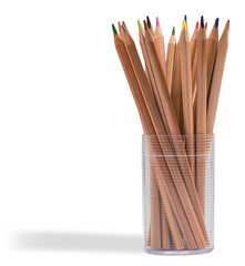 Coloured wooden pencils in a transparent container.  Transparent background