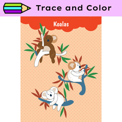 Pen tracing lines activity worksheet for children. Pencil control for kids practicing motoric skills. Koala educational printable worksheet. Vector illustration. - 752292258