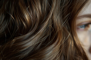Naklejka premium An intense close-up capturing a womans face with long flowing brown hair
