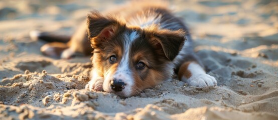 Adorable Tri-Colored Aussie Puppy Relaxes on Sandy Beach - Generative AI