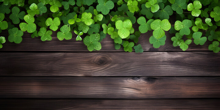 Wooden table over colorful of abstract blurred water clover leaf with heart shape background, empty table ready for product display montage over blurred natural background.