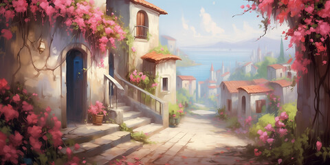 painting style illustration of beautiful hill top village house with pink flower blossoming, Generative Ai