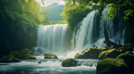 A Spectacular Display of Nature's Beauty, Cascading Waterfalls in a Lush Forest Landscape, Tranquil Waterfalls Amidst Greenery and Rocks, The Majestic Beauty of a Mountain Stream, Nature's ,waterfall