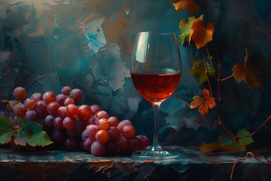A captivating setting featuring a wine glass with luminous grapes against an expressive, artistic background