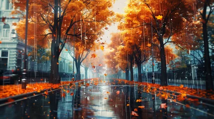 Fotobehang /imagineAutumn city rainy landscape, orange golden foliage, fall wallpaper © rabia