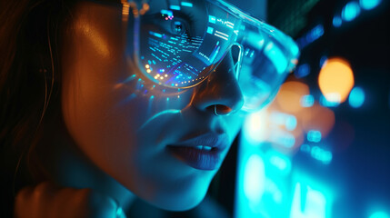 Neon metaverse futuristic concept. modern middle aged woman with charts reflecting in glasses in modern office.