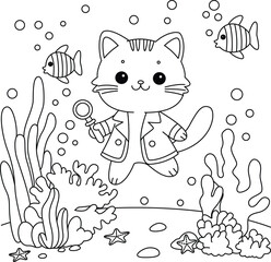 The cute cat goes exploring under sea coloring page.