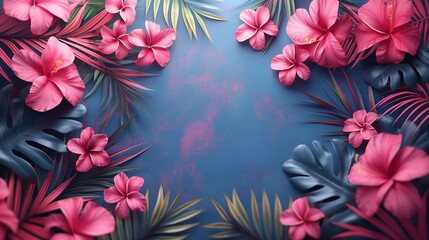 beautiful background of hibiscus flower and tropical leaves, Generative Ai