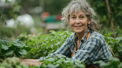 Middle-aged woman participating in a community garden project, highlighting the therapeutic aspects of gardening and social interaction