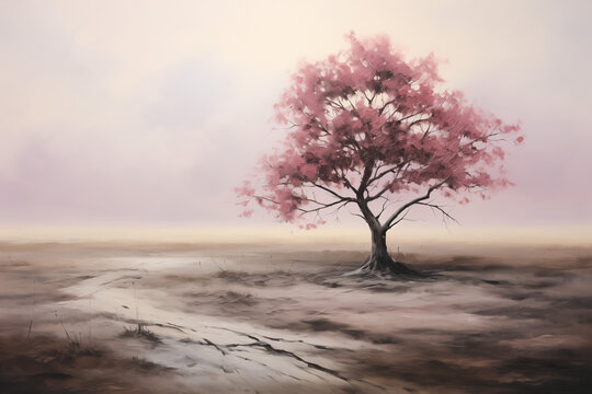 a painting that shows a pink tree and white desert