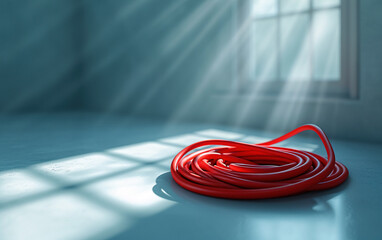a red coiled up cable in a room with sunlight shining through - obrazy, fototapety, plakaty