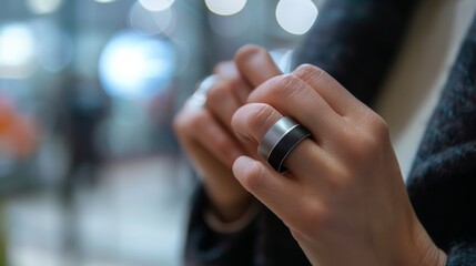 Close-up view showing a smart ring being worn on a young womans finger, highlighting modern wearable technology. - obrazy, fototapety, plakaty