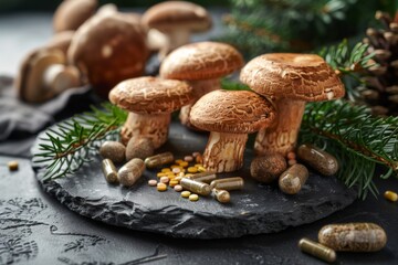 Shiitake mushrooms and herbal capsules on wooden surface
