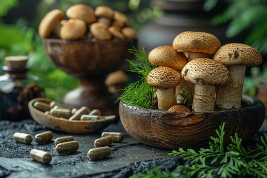 Shiitake mushrooms and herbal capsules on wooden surface