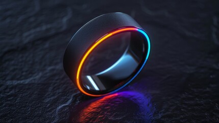 Black smart ring with glowing red and blue accents on dark background - obrazy, fototapety, plakaty