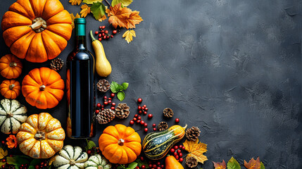 A bottle of wine sits among a colorful array of pumpkins and gourds, creating a festive and inviting autumn display - obrazy, fototapety, plakaty