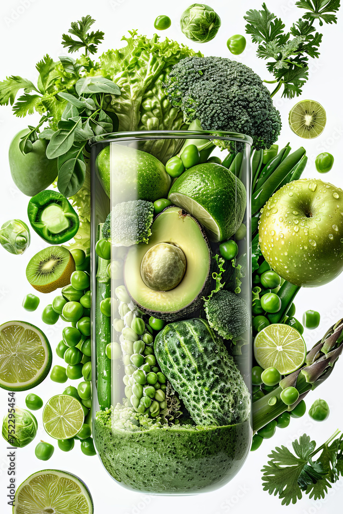 Poster various green fruits and vegetables are overflowing in a glass, creating a vibrant and nutritious di