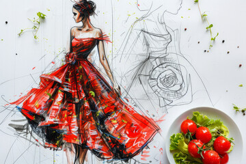 A vibrant drawing of a woman in a flowing red dress standing gracefully next to a bowl filled with ripe, juicy tomatoes