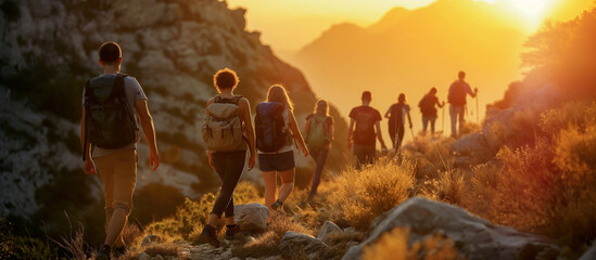 Hikers with backpacks on the trail in the mountains at sunset. - obrazy, fototapety, plakaty
