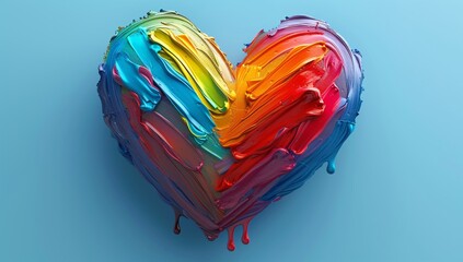 A vibrant 3D heart shape formed by multicolored thick paint strokes against a soft blue background, illustrating creativity