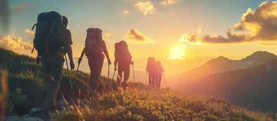 Hikers with backpacks on the trail in the mountains at sunset.
