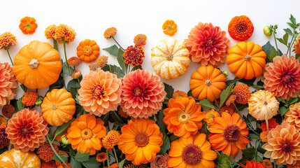 A vibrant bouquet of colorful flowers intertwined with various sizes of pumpkins on a clean white...