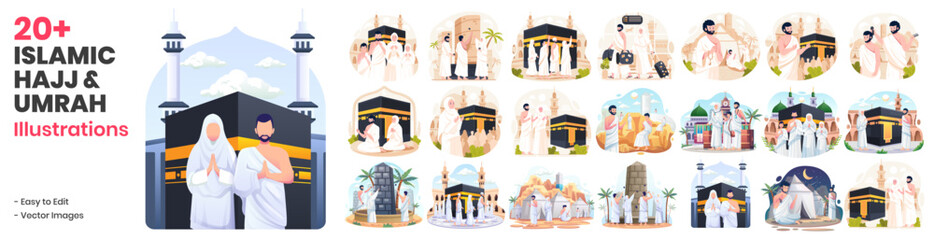 Mega Collection of Hajj and Umrah Illustrations. Muslim People perform Islamic Hajj Pilgrimage. Man and Woman Hajj characters wear ihram clothes with a Kaaba background