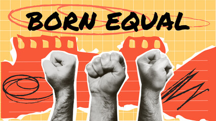 Hands in fist halftone style collage different but equal, born equal. banner  trendy retro Y2K design