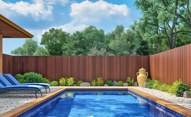  swimming pool in backyard of house with wood fence - 752296405
