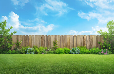 green grass lawn and wooden fence in spring backyard garden - 752296441