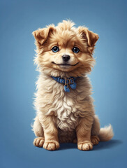 Cute furry dog isolate blue background.