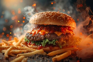 A close-up of a scrumptious burger with dripping cheese, surrounded by steam and fries - obrazy, fototapety, plakaty