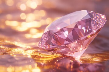 A radiant diamond rests on a glittering gold background, symbolizing wealth and luxury with its brilliant facets catching the light - obrazy, fototapety, plakaty
