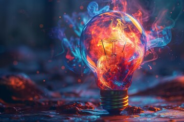 An enigmatic light bulb filled with a vibrant, fiery swirl stands out, symbolizing creativity and a burning passion for innovation
