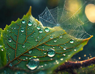 drops of transparent rain water on a green leaf and spider web