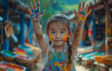 A joyful little girl shows her hands covered with colorful paint, symbolizing playfulness and...