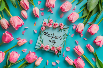 Mother's Day greeting card, poster or banner design with flowers on blue background 