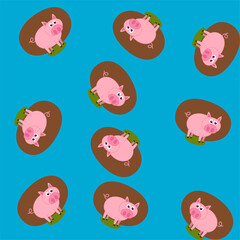 Decorative pattern of a young pig in profile in muddy meadow with blue sky - vector 