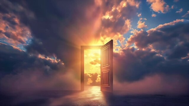  Open door in the sky with clouds. Open door to an opportunity. Heaven, heavenly door, knocking on the doors of heaven. Life after death, resurrection.