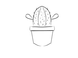 Cute hand drawn black cactus in a flowerpot on transparent background. Hand drawn plant illustration, png sketch, sticker