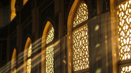 Creative traditional windows in Arabesque style, sunset light entering the building, Islamic concept