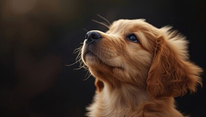 Close-up portrait of an attentive golden retriever puppy with a hopeful expression under soft lighting - Powered by Adobe
