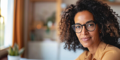 Lifestyle portrait of professional and intelligent biracial woman wearing glasses at home - Powered by Adobe