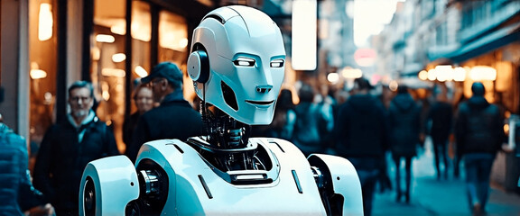 A chatbot in a crowded street. Concept of artificial intelligence and advancing technology in everyday life. Robot in society.