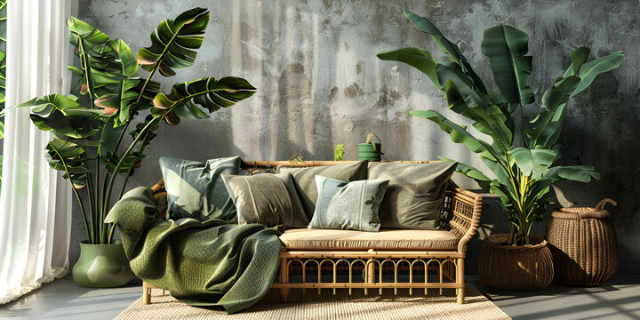 A beautifull interior room with wooden sofa and dark pillows on it with palm leaves plants on the both sides of sofa with window and sunlight comming in room 