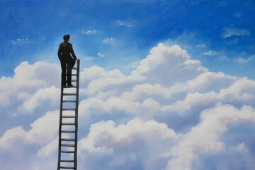 a businessman standing on a ladder in the sky. Illustration