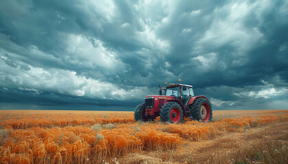 Fototapeta premium A powerful red tractor drives across a huge field under a dramatic stormy sky, ai technology