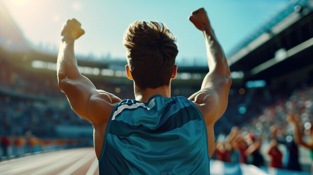 Rear view of a victorious athlete raising their arms in celebration at the finish line of a race triumphal, generative ai